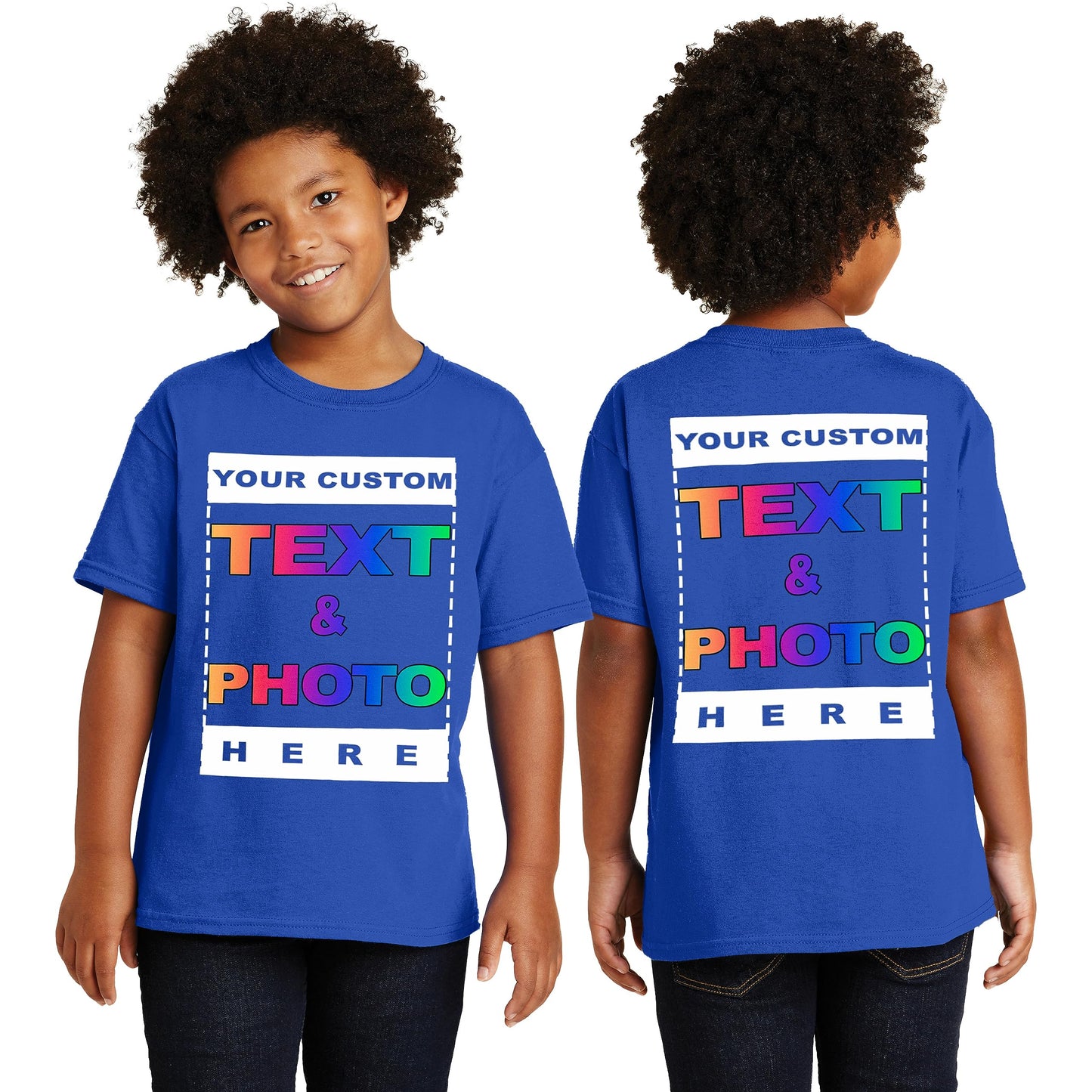 Personalized Youth T-Shirt for Kids Boys Girls - Custom Image & Text - Customized Front/Back Print - X-Small Royal